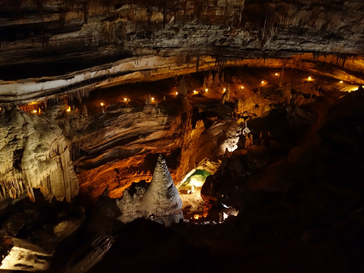 Fantastical views into one of the great rooms illuminate the treacherous path the first explorer took into the caverns, Blanchard Springs Cavern, Arkansas - Karina Noriega