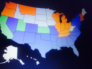 Purple = States Visited on 2014 Extraordinary Road Trip Orange = States Visited previously on independent trips Green= States I have lived in previously