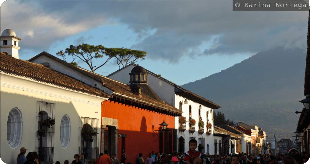 Streets of colonial Antigua under the looming Volcan de Agua -- Guatemala -- Karina Noriega