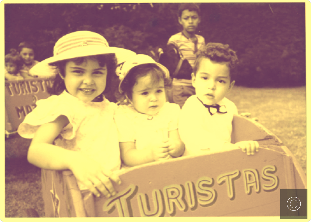 A wonderful coincidence I should find a photograph the 3 of us riding a pony led caravan with the heading "Turistas" (Tourists) -- Guatemala -- Karina Noriega