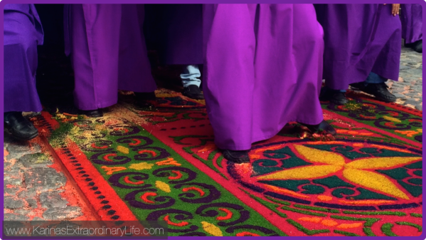 The first steps taken onto the alfombra by the procession bearers. Antigua, Guatemala -- Karina Noriega