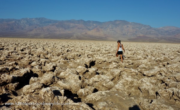 The Devil’s Golf Course is a huge salt pan on the floor of Death Valley, located in the Mojave Desert. The area was once covered by Lake Manly and when the water evaporated all that remained behind was salt chalked full of minerals. Because the area now remains dry, the salt flat is subject to weathering and erosion processes which sculpt the salt into magnificent formations. Quite the sight to behold. Death Valley, California, USA -- Karina Noriega
