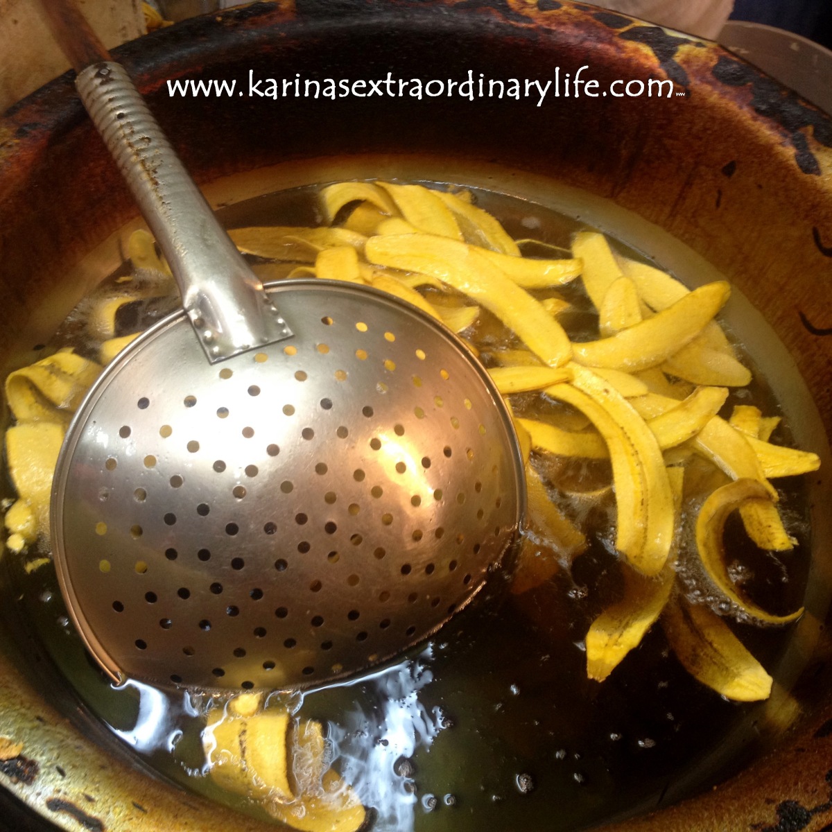 Fresh plantains frying in oil. This treat is surprisingly tasty, often garnished with salt and other delicious spices. Antigua, Guatemala -- April Beresford