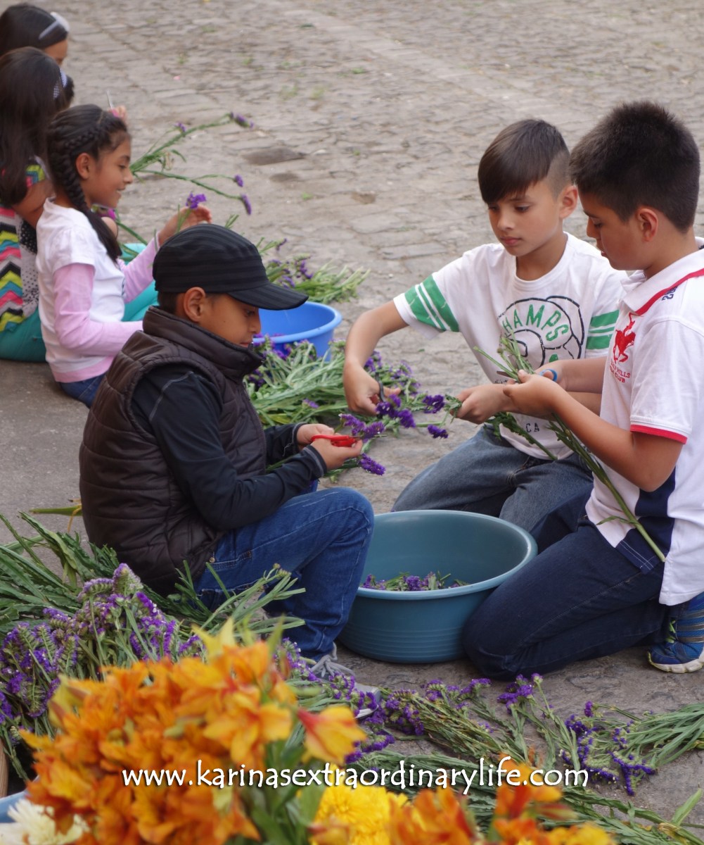 Second Graders cut the stems off the flowers for the alfombra collaboration. Antigua, Guatemala -- Karina Noriega