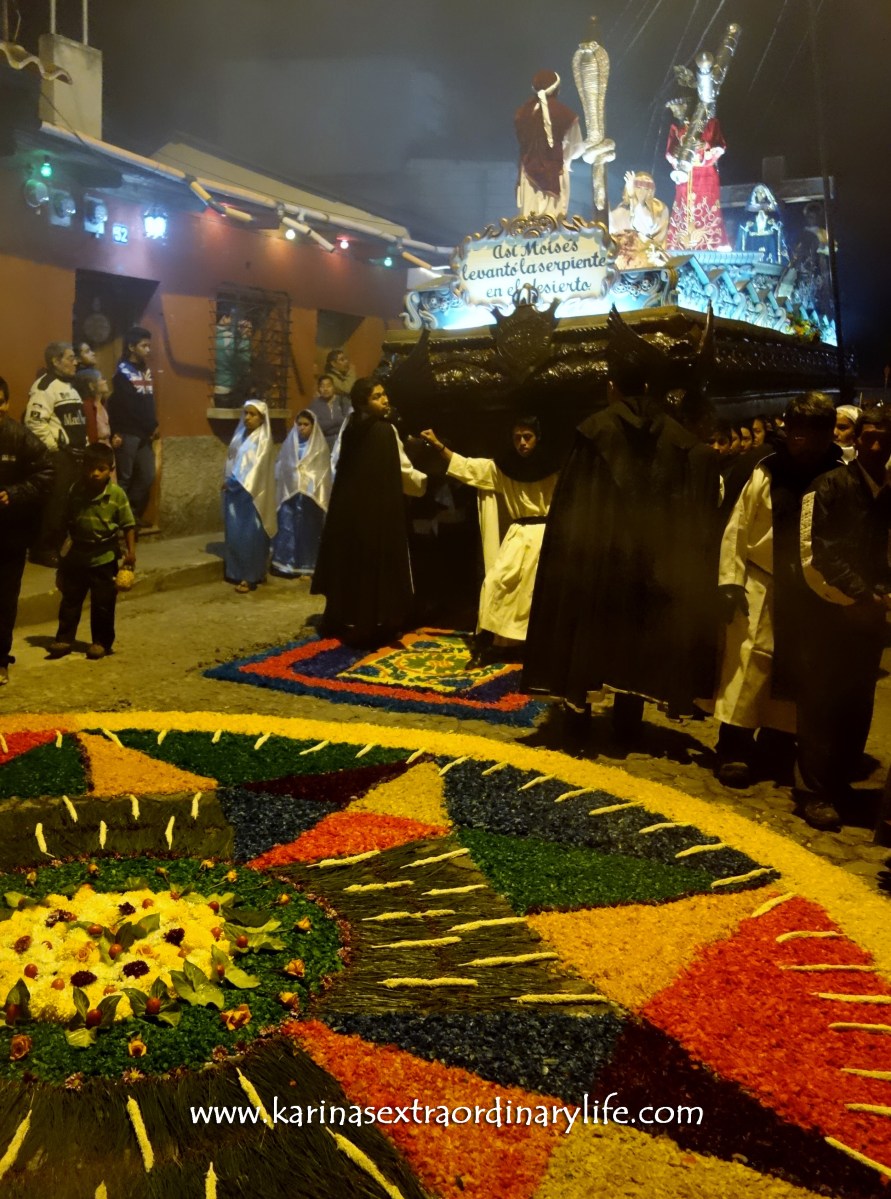 Santa Ines procession arrives. The procession will destroy the carpet as they move the anda over the streets of Antigua, Guatemala -- Karina Noriega