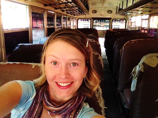 April's chicken bus selfie :) She rode the bus to Spanish school everyday, almost always as the sole 'Gringa' (foreigner)! Antigua, Guatemala -- April Beresford