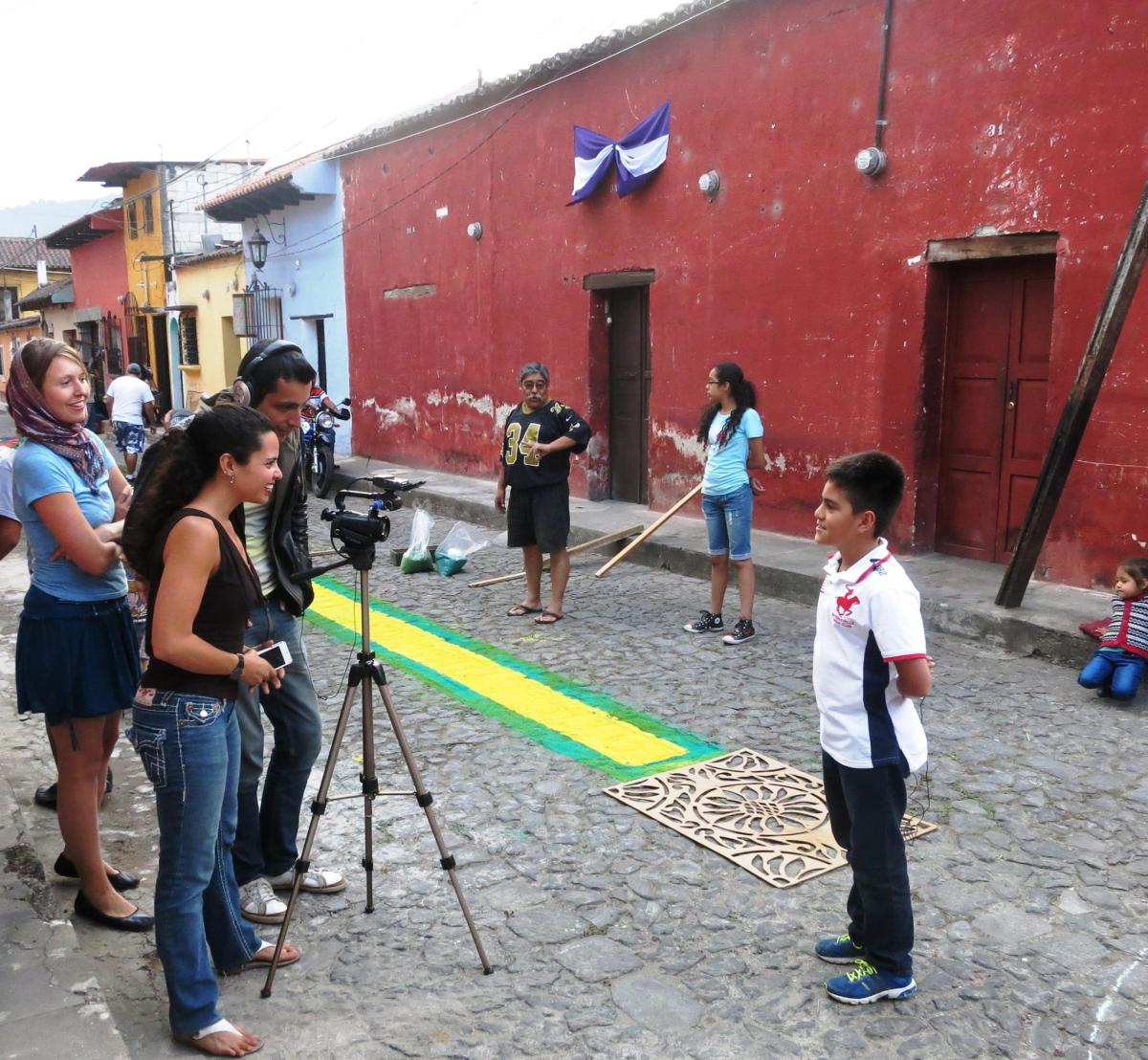 Karina, April and Alex document the childrens' stories during a collaborative project in Antigua, Guatemala. Photo by Kerstin Sabene