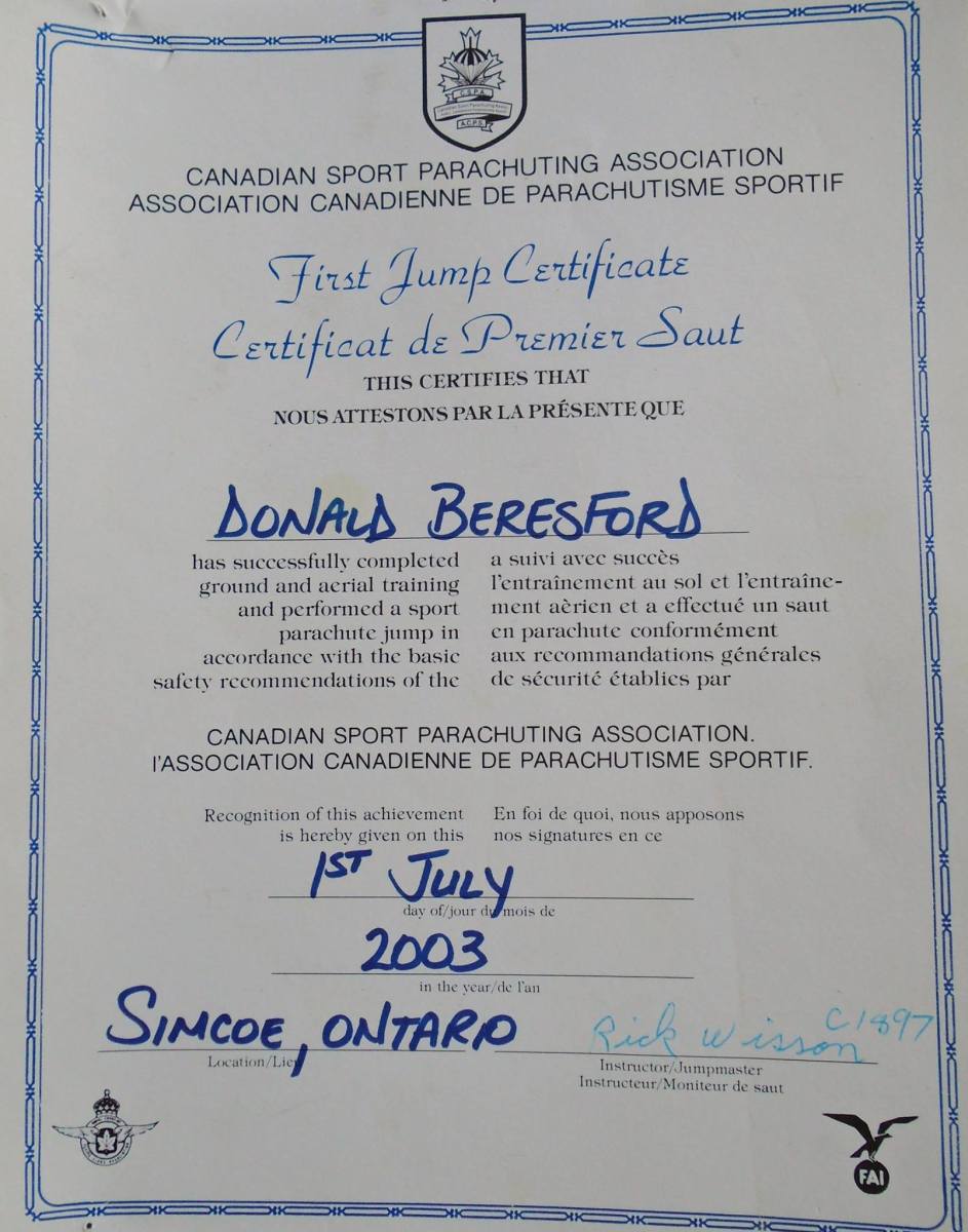 Skydiving Certificate for Rick Beresford. Simcoe, Ontario -- April Beresford