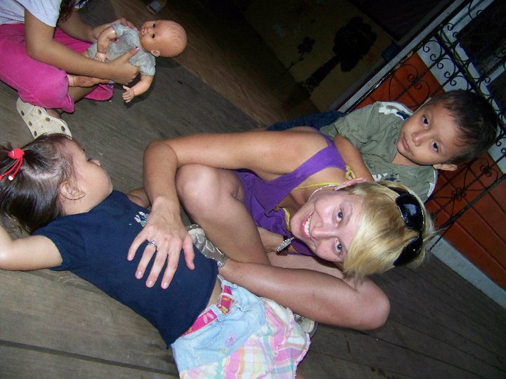 April fullfilling the roll of tickle monster, Casa Guatemala. Rio Dulce, Guatemala -- Karina Noriega