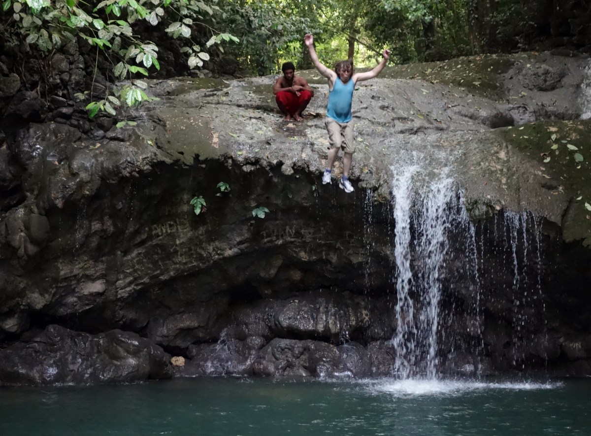 We may have jumped out of a plane together but I didn't have the guts to jump off the waterfall. You are one up on me now, Dad! Livingston, Guatemala -- April Beresford